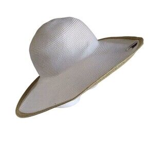 Packable Travel Floppy Straw Hat  Wide Brim White with Tan Edge Vacation Cruise